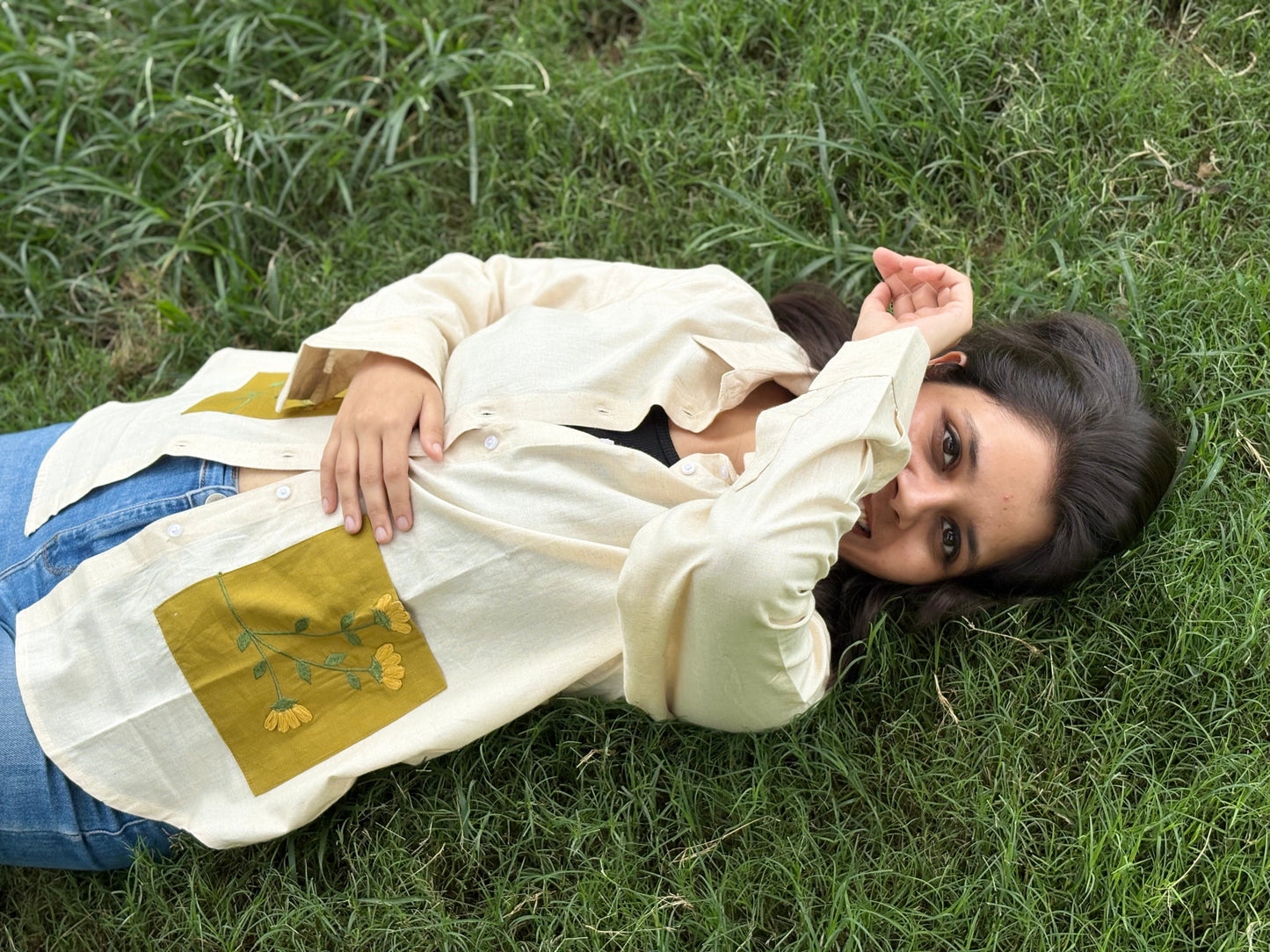 Beige Cotton Relaxed Fit Shirt with Mustard Floral Embroidered Pockets