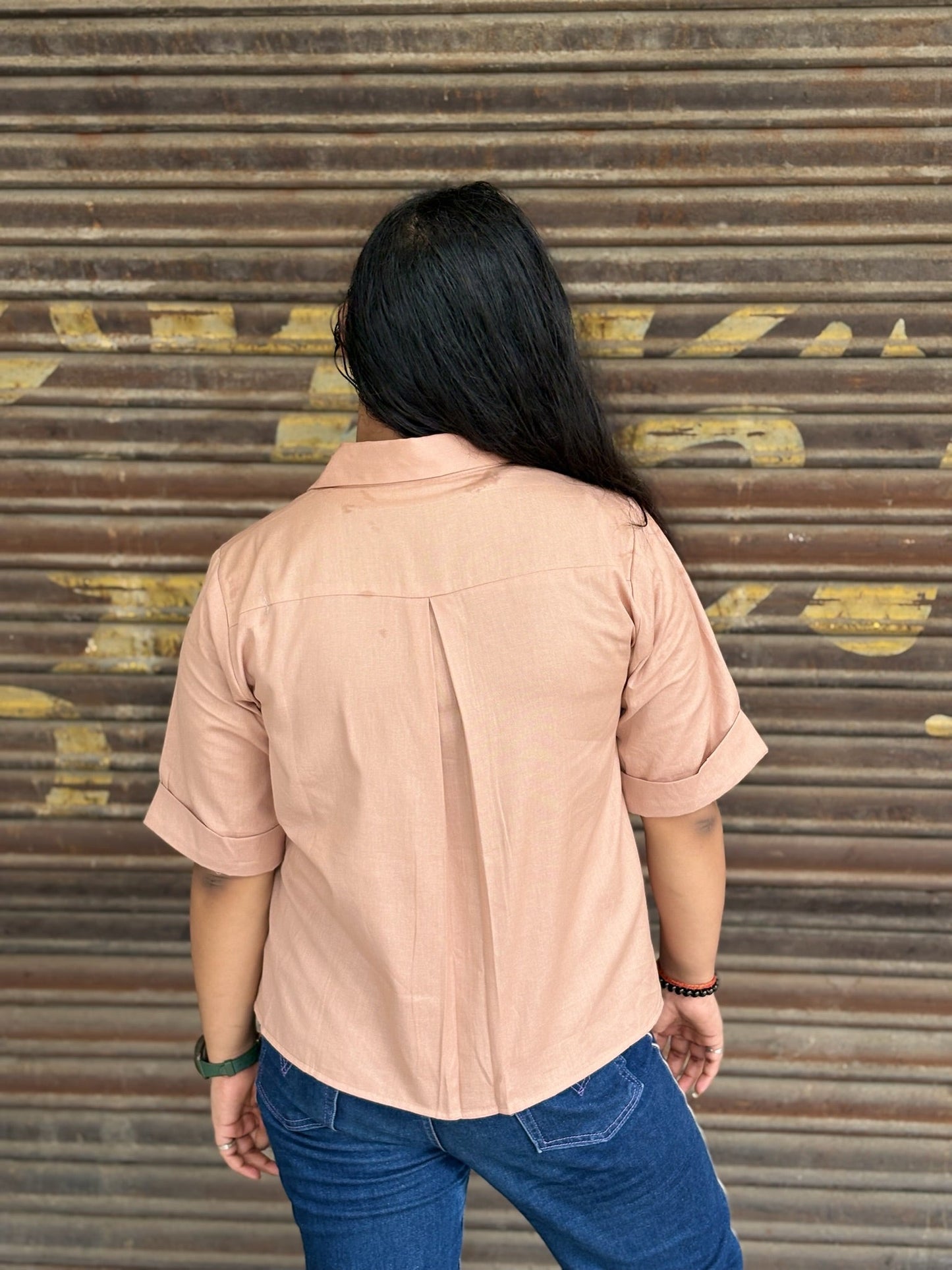 Light Brown Cotton Straight Fit Shirt with Sleeve Embroidery