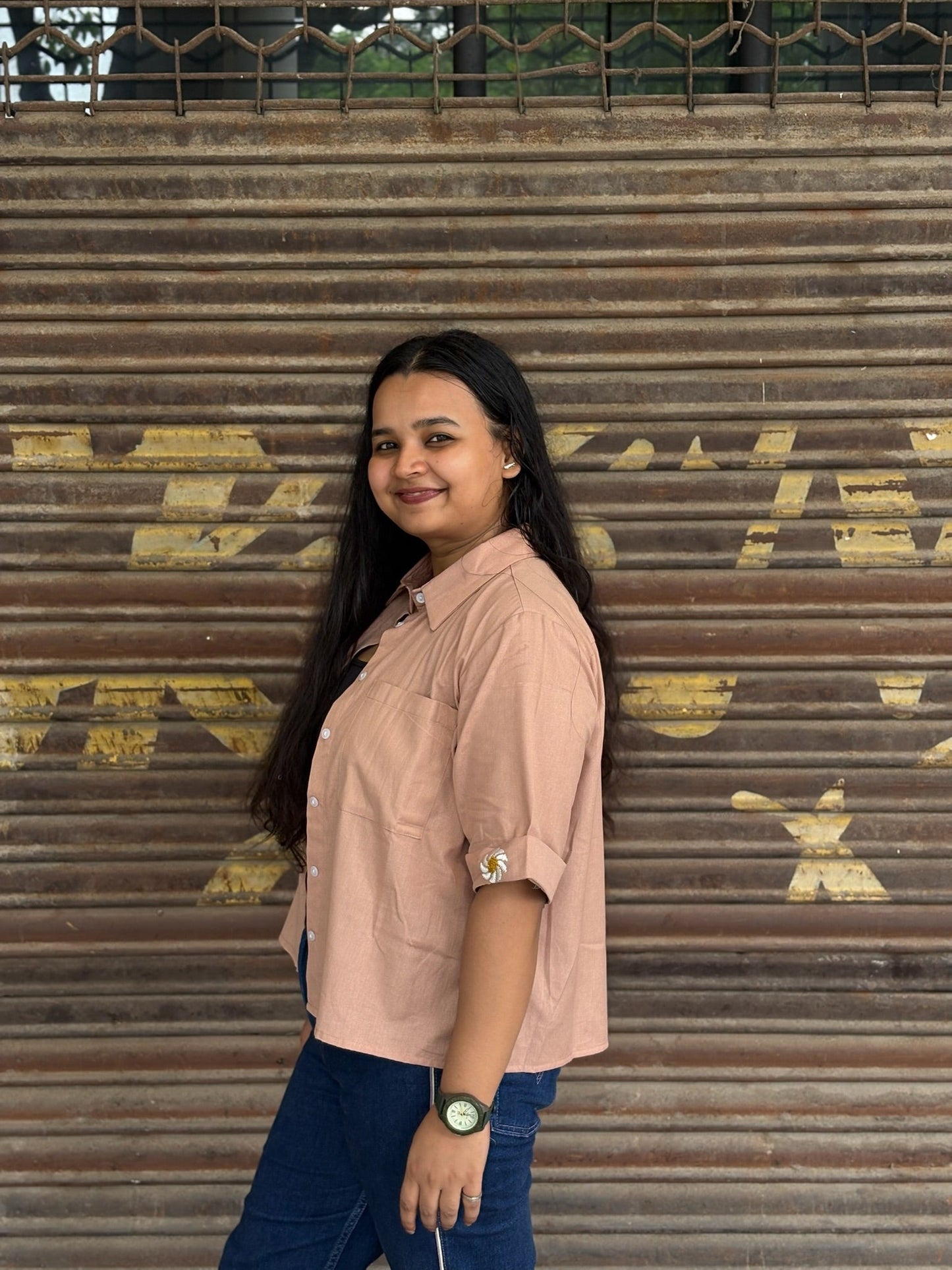 Light Brown Cotton Straight Fit Shirt with Sleeve Embroidery