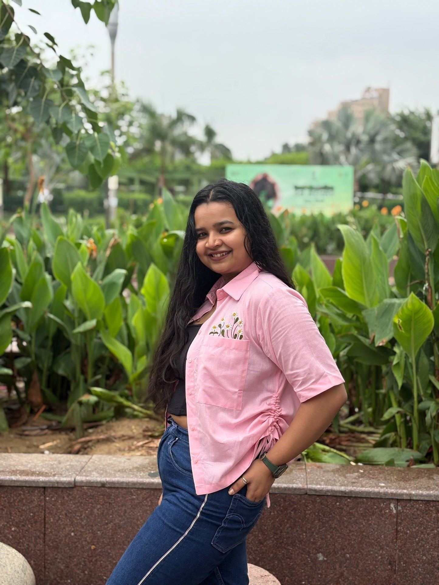 Pink Cotton Straight Fit Shirt with Floral Embroidery & Side Detailing