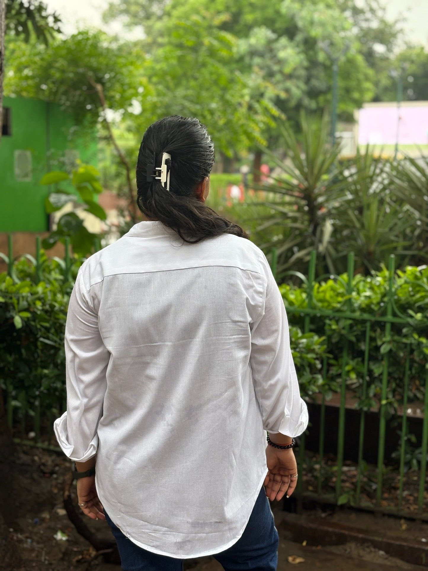 White Cotton Relaxed Fit Shirt with Floral Pocket