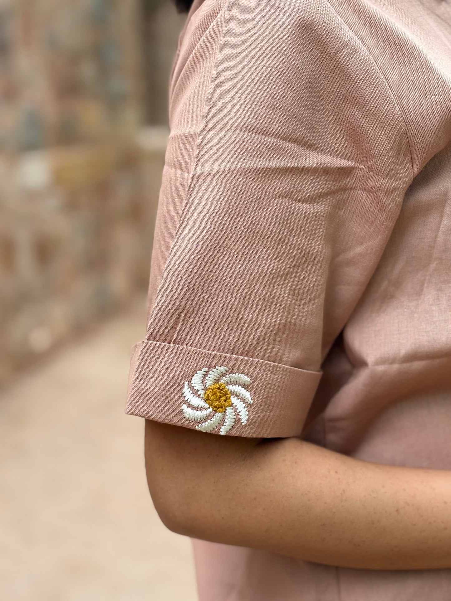 Light Brown Cotton Straight Fit Shirt with Sleeve Embroidery