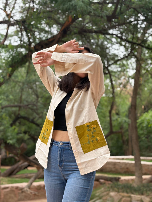 Beige Cotton Relaxed Fit Shirt with Mustard Floral Embroidered Pockets
