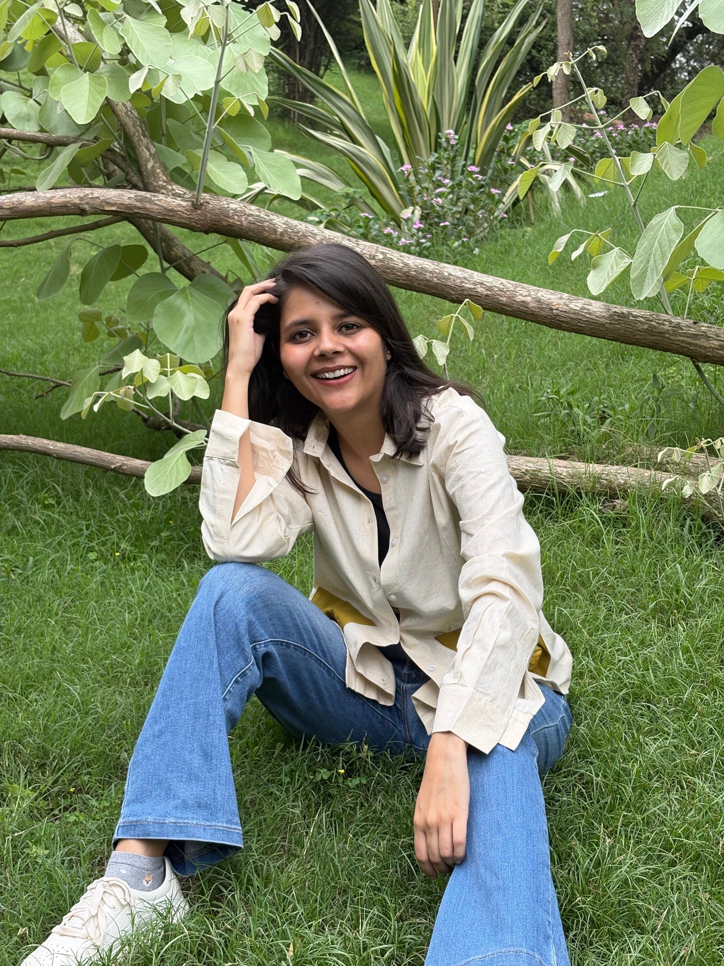 Beige Cotton Relaxed Fit Shirt with Mustard Floral Embroidered Pockets