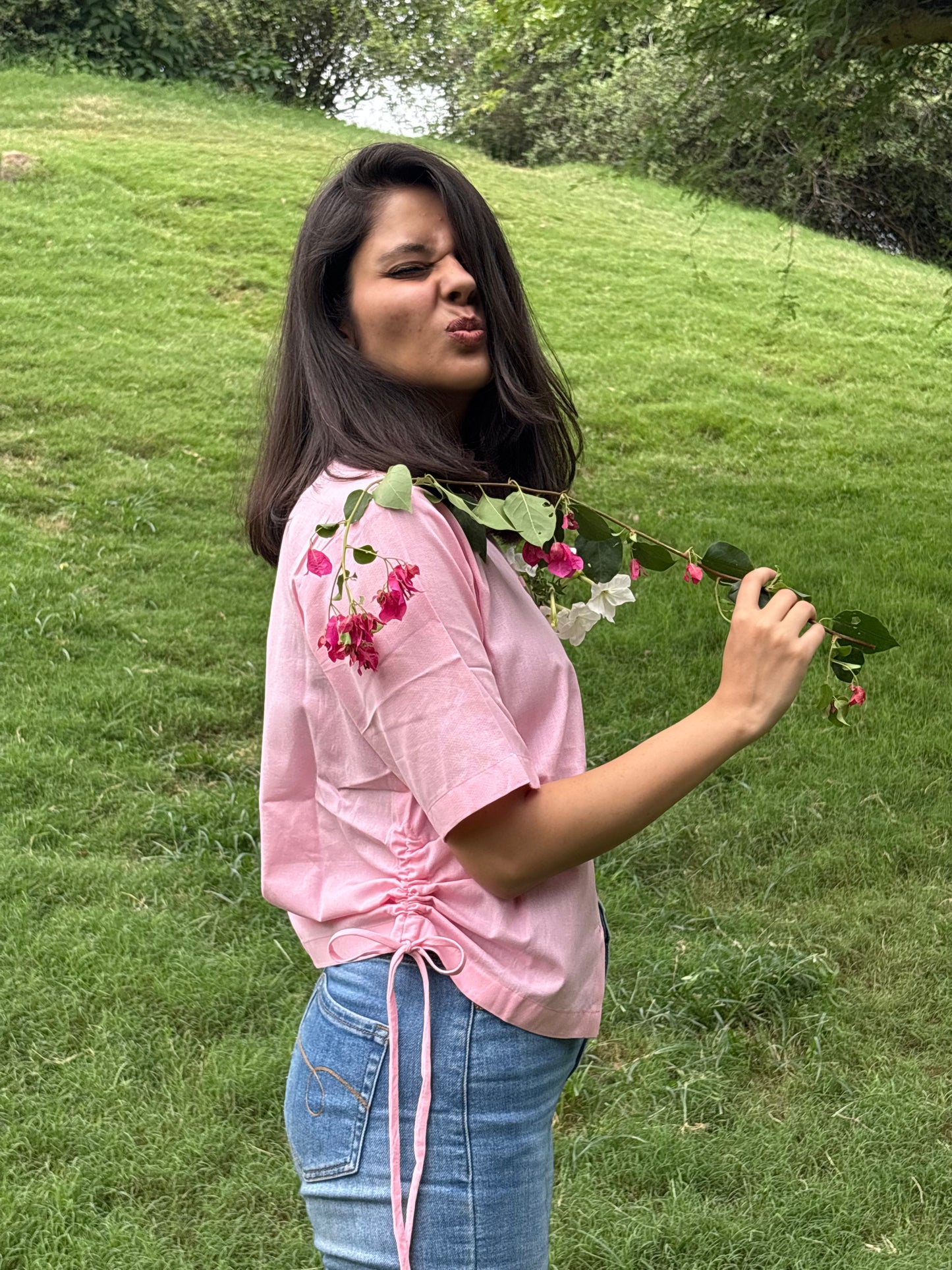 Pink Cotton Straight Fit Shirt with Floral Embroidery & Side Detailing
