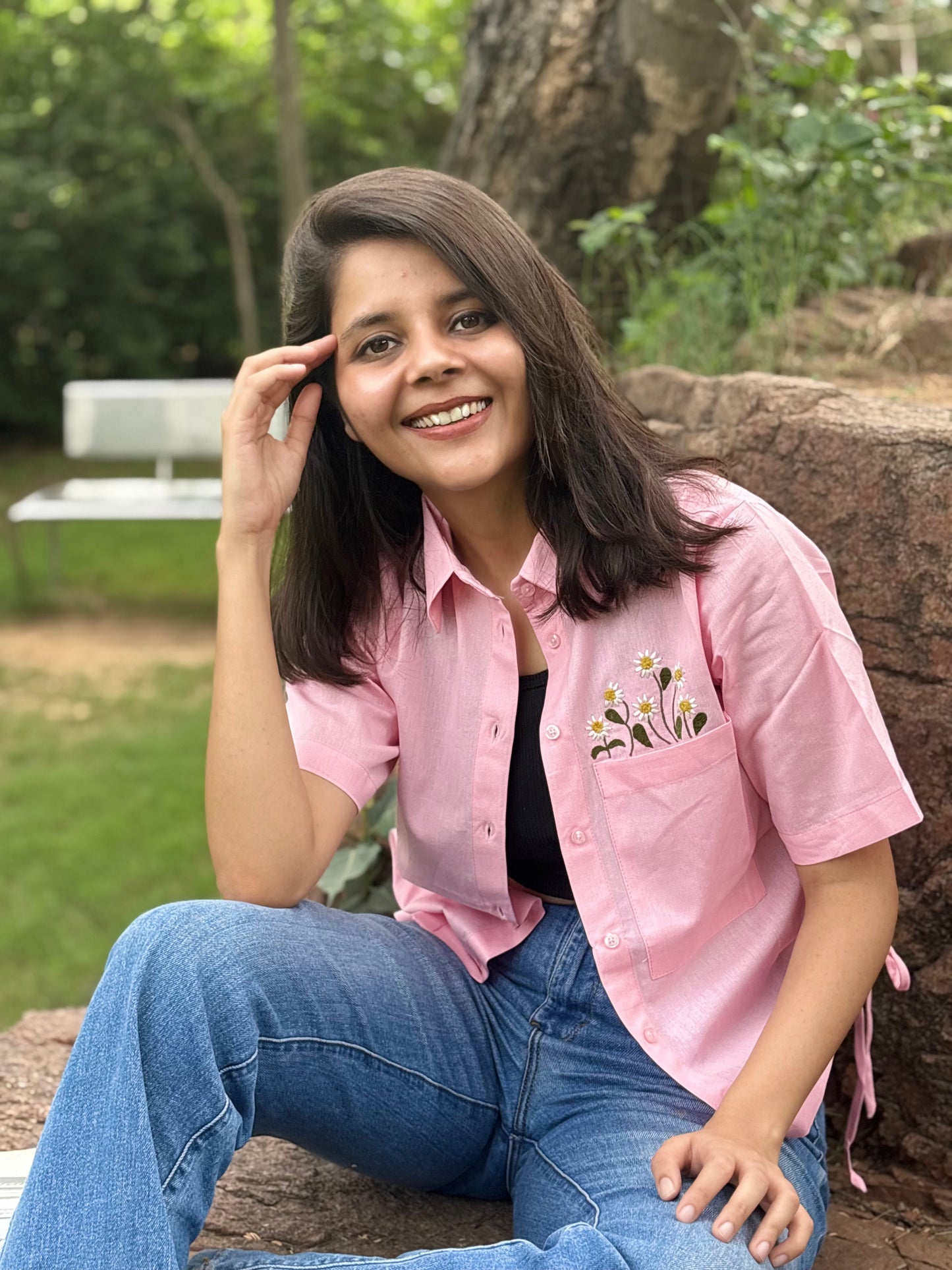 Pink Cotton Straight Fit Shirt with Floral Embroidery & Side Detailing