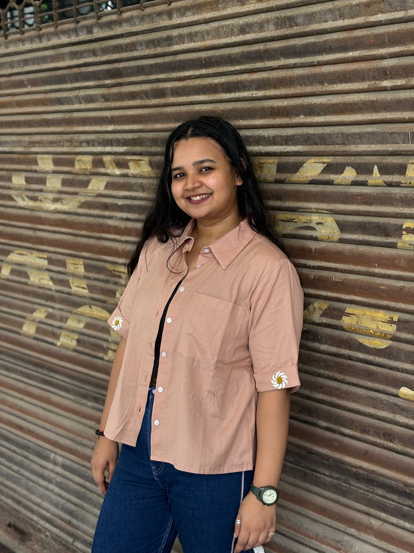 Light Brown Cotton Straight Fit Shirt with Sleeve Embroidery