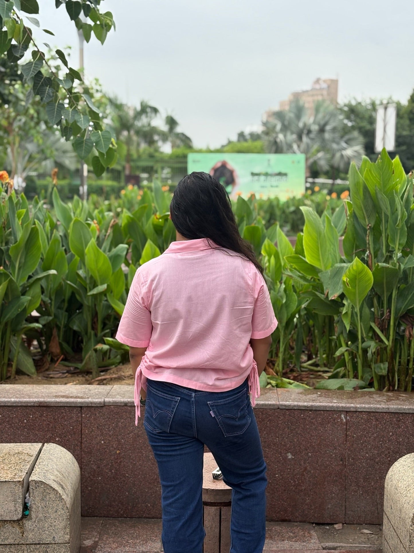 Pink Cotton Straight Fit Shirt with Floral Embroidery & Side Detailing