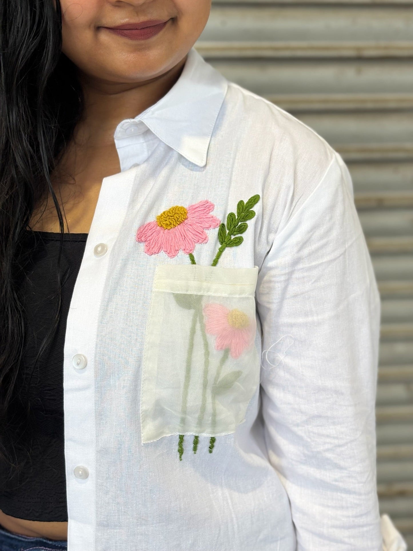 White Cotton Relaxed Fit Shirt with Floral Pocket