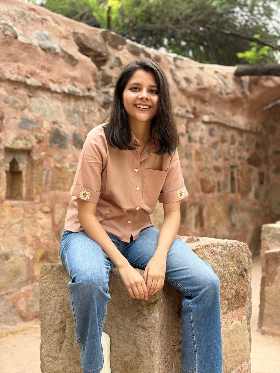 Light Brown Cotton Straight Fit Shirt with Sleeve Embroidery