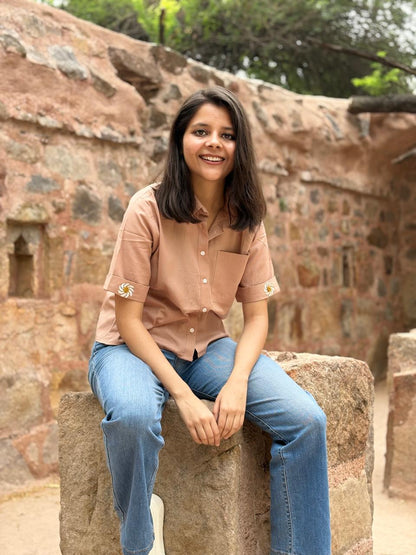Light Brown Cotton Straight Fit Shirt with Sleeve Embroidery