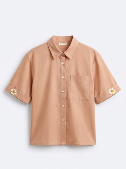 Light Brown Cotton Straight Fit Shirt with Sleeve Embroidery