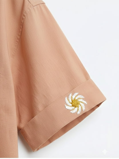 Light Brown Cotton Straight Fit Shirt with Sleeve Embroidery