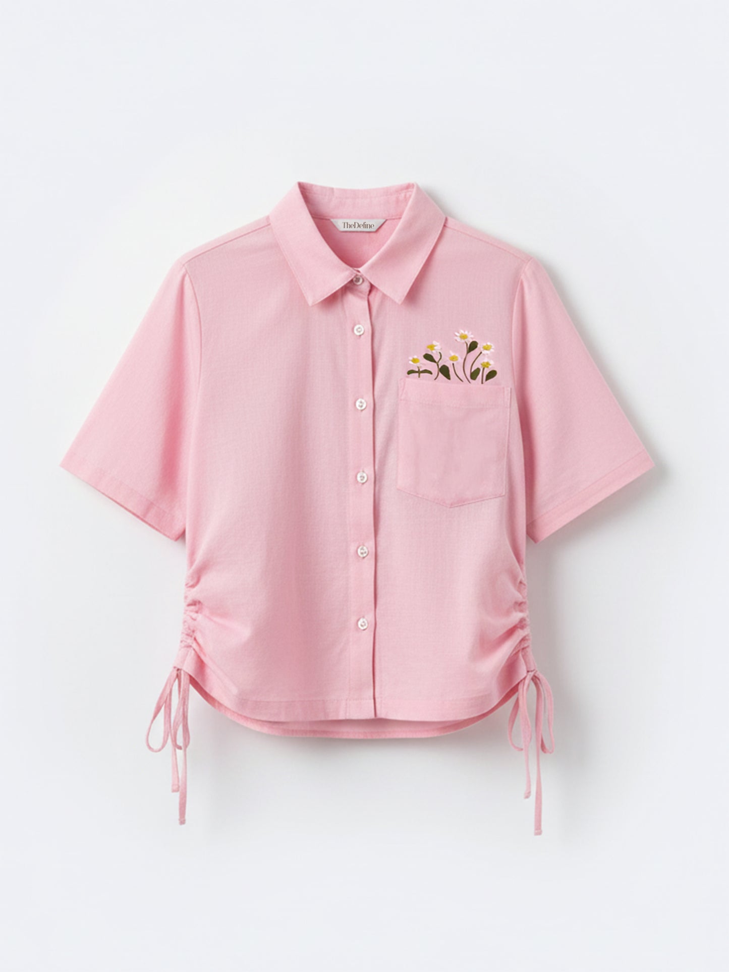 Pink Cotton Straight Fit Shirt with Floral Embroidery & Side Detailing