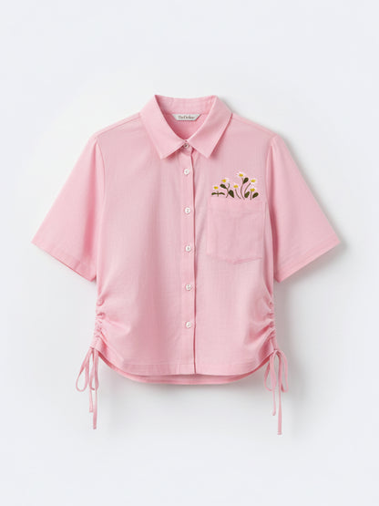 Pink Cotton Straight Fit Shirt with Floral Embroidery & Side Detailing
