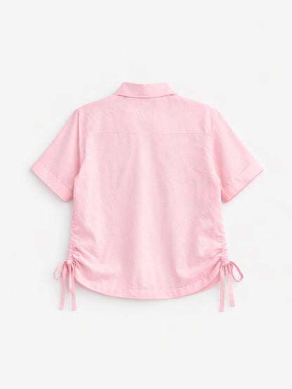 Pink Cotton Straight Fit Shirt with Floral Embroidery & Side Detailing