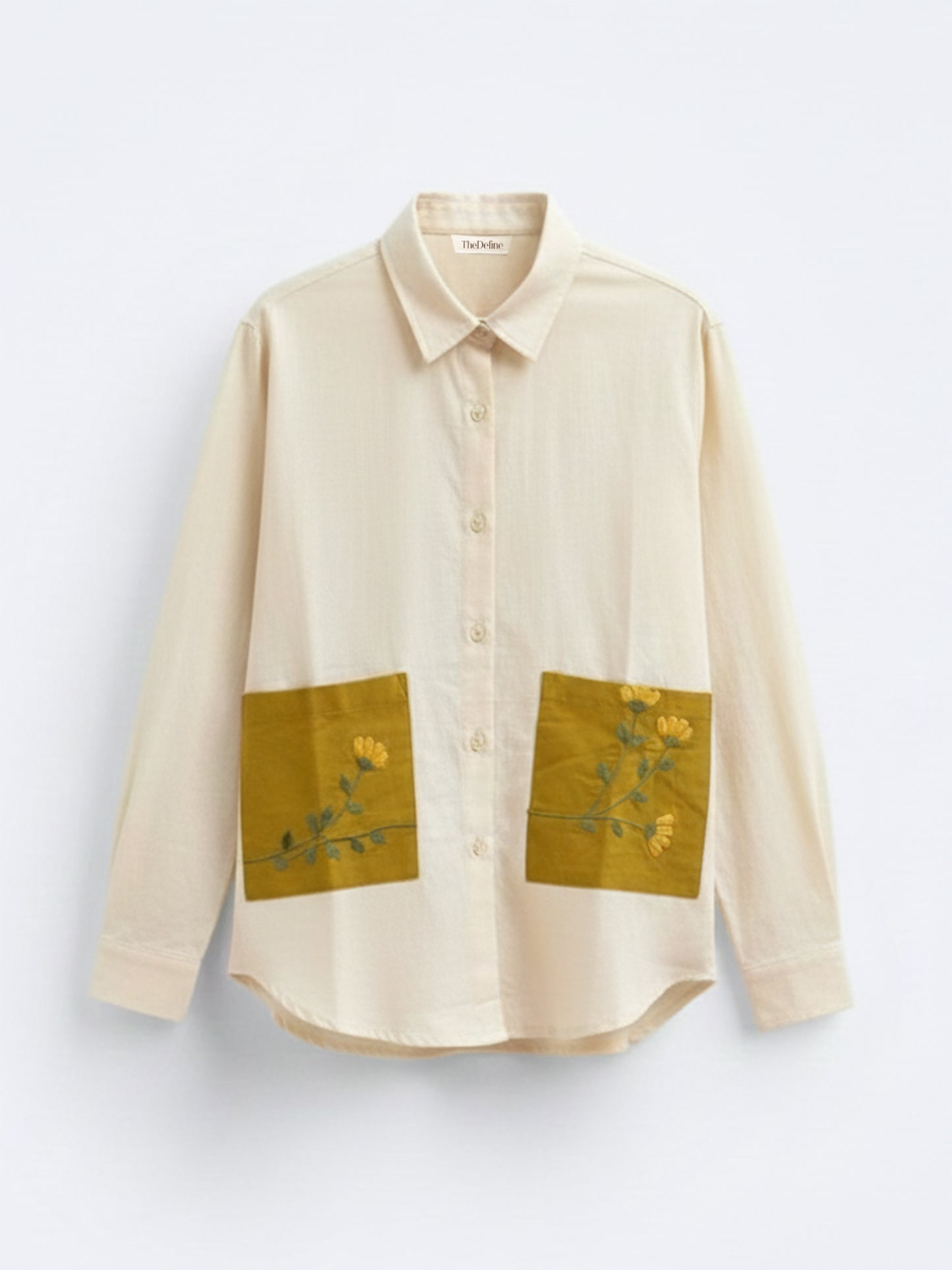 Beige Cotton Relaxed Fit Shirt with Mustard Floral Embroidered Pockets