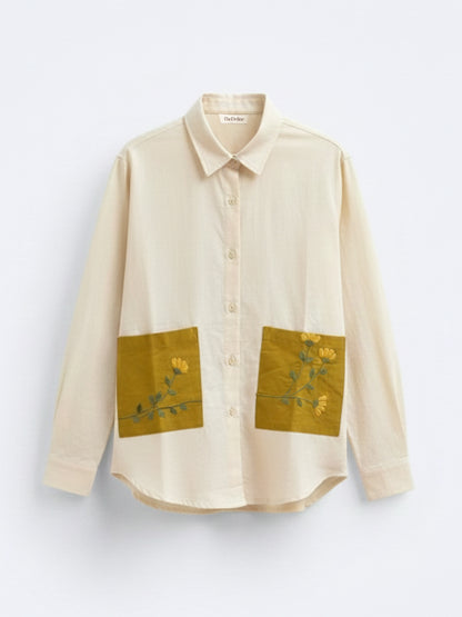 Beige Cotton Relaxed Fit Shirt with Mustard Floral Embroidered Pockets