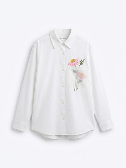 White Cotton Relaxed Fit Shirt with Floral Pocket